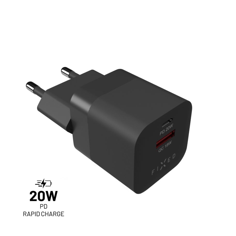 Levně Síťová nabíječka FIXED Mini s USB-C a USB výstupem, podpora PD a QC 3.0, 20W, černý