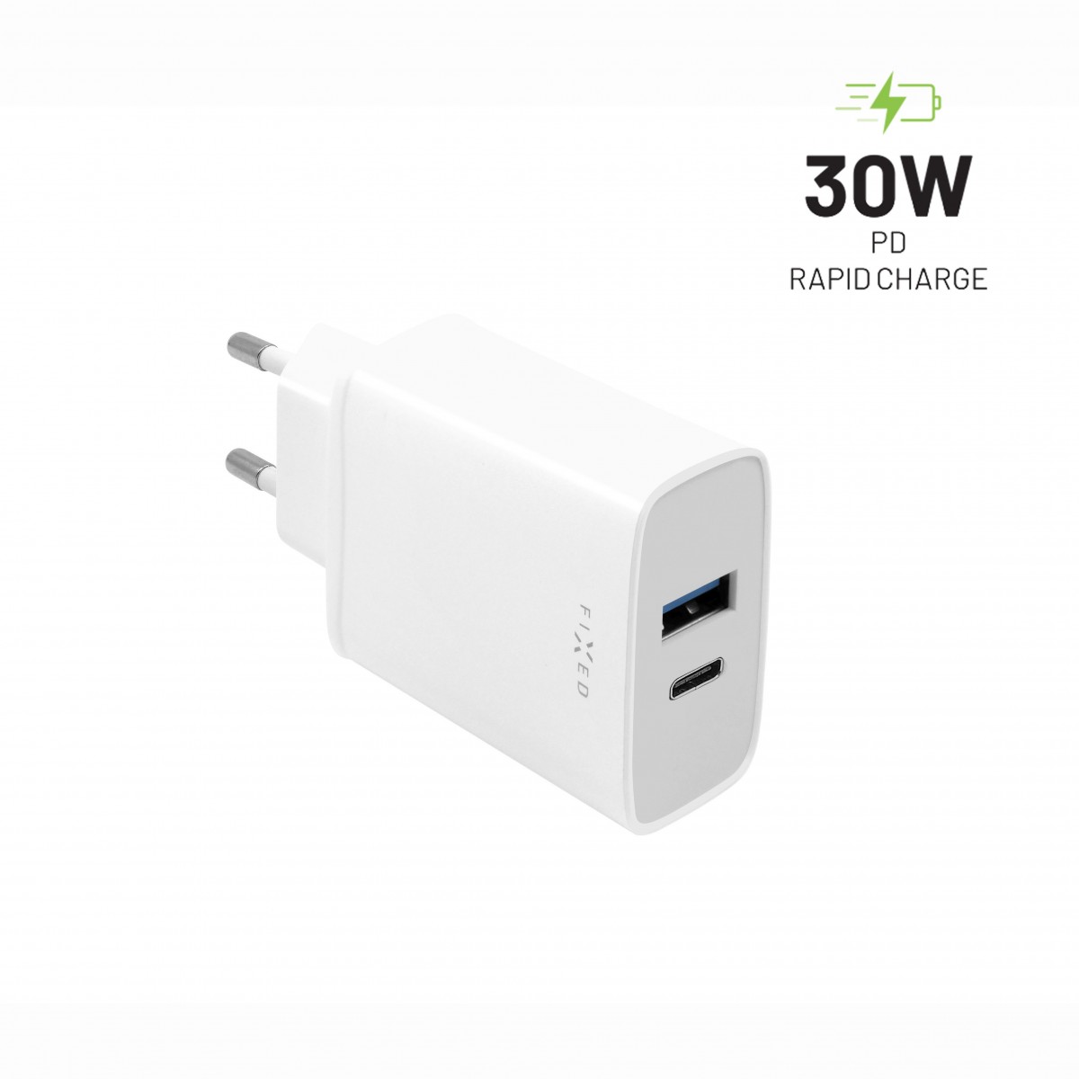 Levně Síťová nabíječka FIXED s USB-C a USB výstupem, podpora PD, 30W, bílá