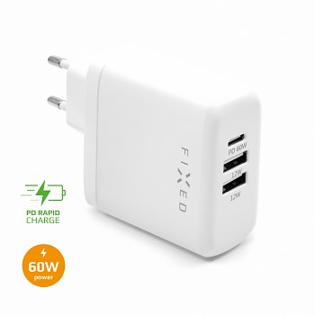 Adaptér FIXED s USB-C a 2xUSB výstupem, podpora PD, 60W, bílý