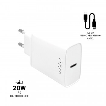 Set síťové nabíječky FIXED s USB-C výstupem a USB-C/Lightning kabelu, podpora PD, 1 metr, MFI, 20W, bílý