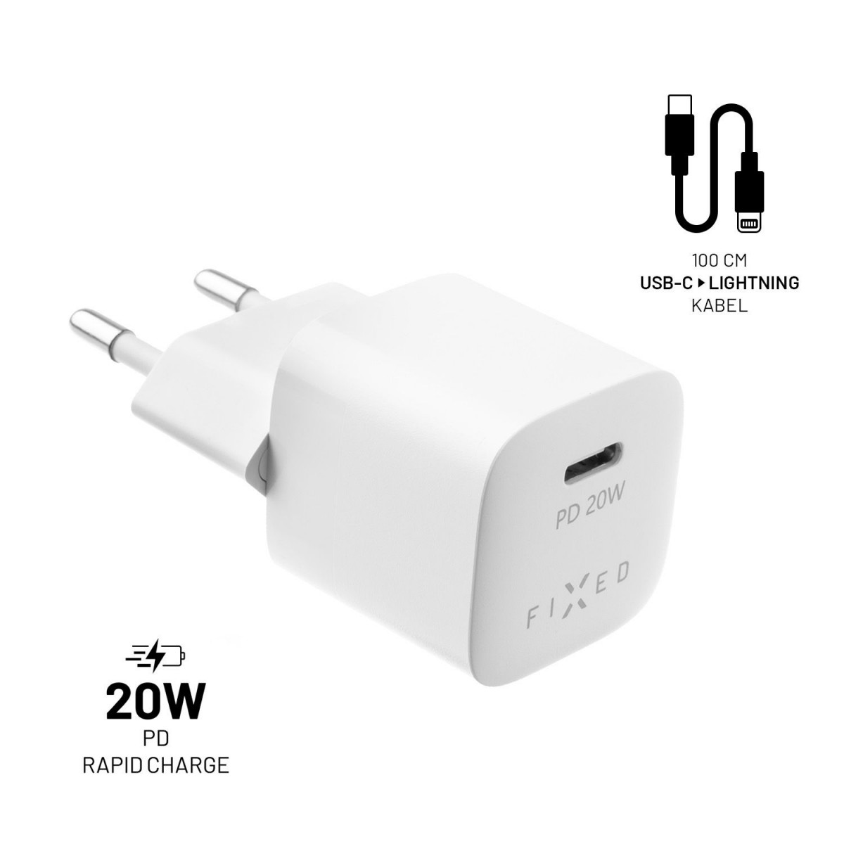 Levně Set síťové nabíječky FIXED Mini s USB-C výstupem a USB-C/Lightning kabelu, podpora PD, 1 metr, MFI, 20W, bílý