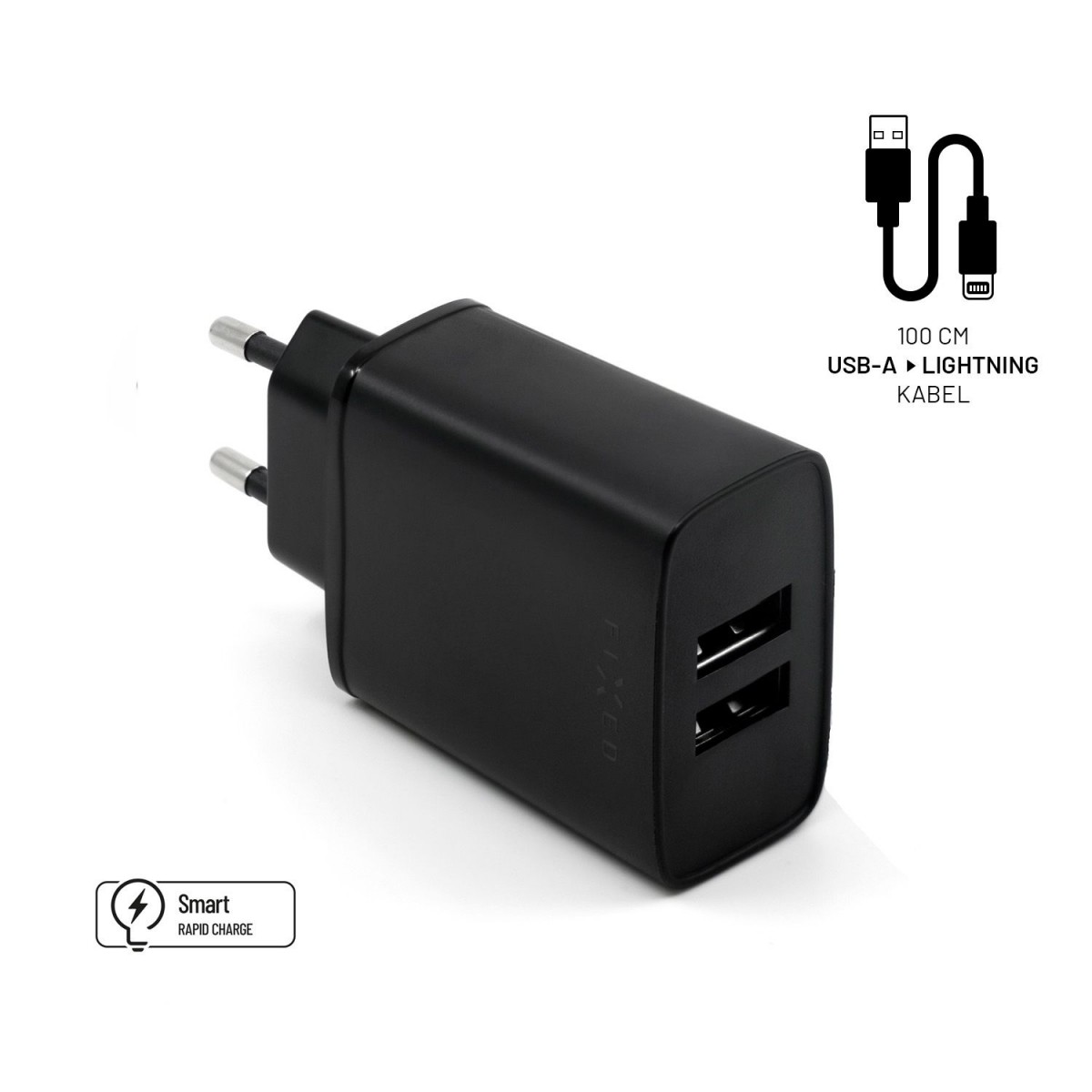 Levně Set síťové nabíječky FIXED s 2xUSB výstupem a USB/Lightning kabelu, 1m, MFI certifikace, 15W Smart Rapid Charge, černá