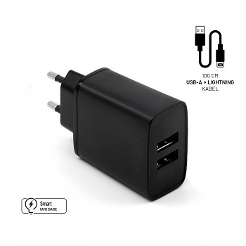 Set síťové nabíječky FIXED s 2xUSB výstupem a USB/Lightning kabelu, 1m, MFI certifikace, 15W Smart Rapid Charge, černá