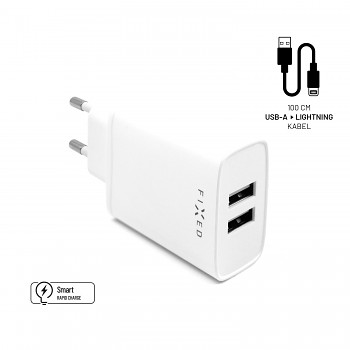 Set síťové nabíječky FIXED s 2xUSB výstupem a USB/Lightning kabelu, 1m, MFI certifikace, 15W Smart Rapid Charge, bílá