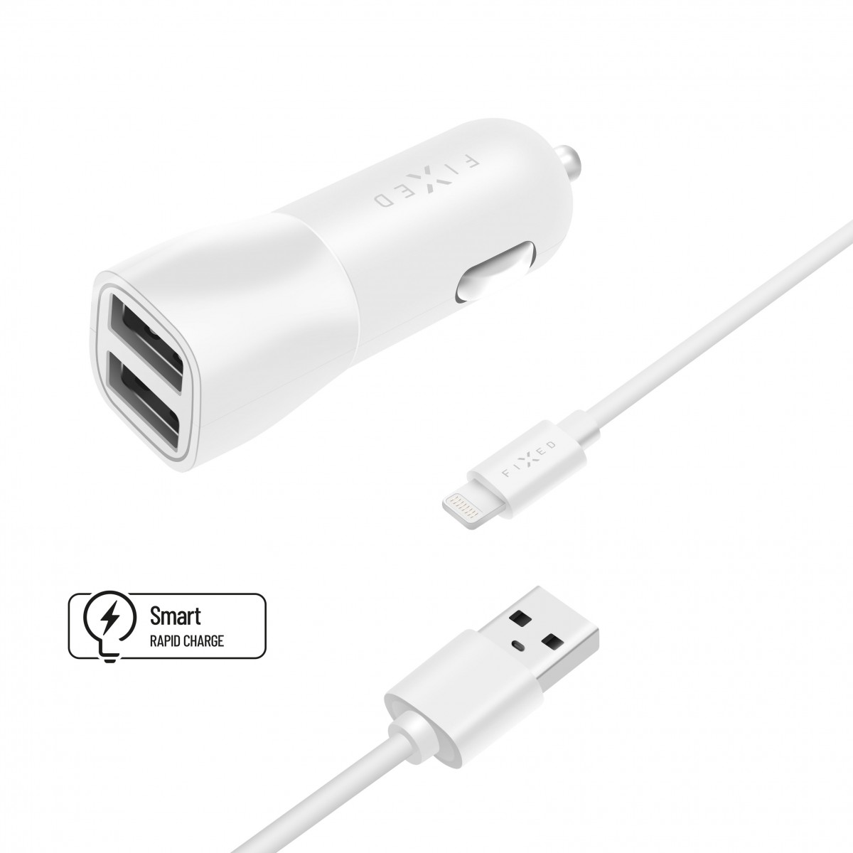 Set autonabíječky FIXED s 2xUSB výstupem a USB/Lightning kabelu, 1 metr, MFI certifikace, 15W Smart Rapid Charge, bílá