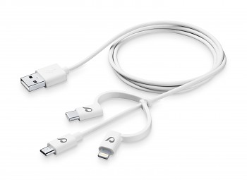 USB kabel CellularLine se třemi adaptéry Lightning + Micro USB + USB-C, bílý 