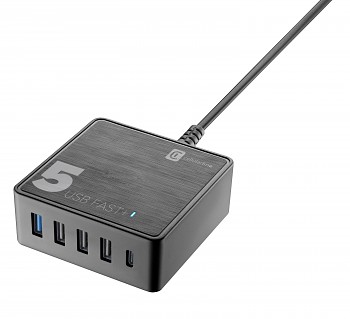 Síťová nabíječka Cellularline Multipower 5 Fast+ pro notebooky i smartphony, 4xUSB + USB-C port, 60W, černý 