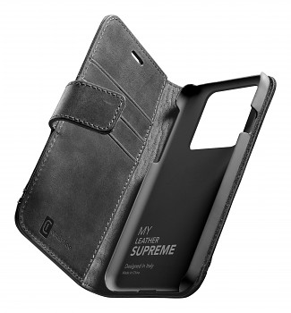 Prémiové kožené pouzdro typu kniha Cellularline Supreme pro Apple iPhone 13 Pro, černé