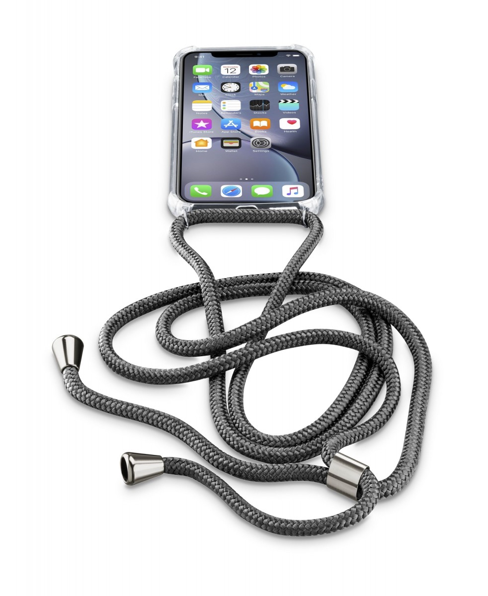 Levně Transparentní zadní kryt Cellularline Neck-Case s černou šňůrkou na krk pro Apple iPhone XR