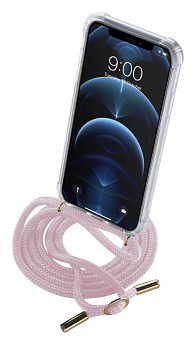 Transparentní zadní kryt Cellularline Neck-Case s růžovou šňůrkou na krk pro Apple iPhone 12 PRO