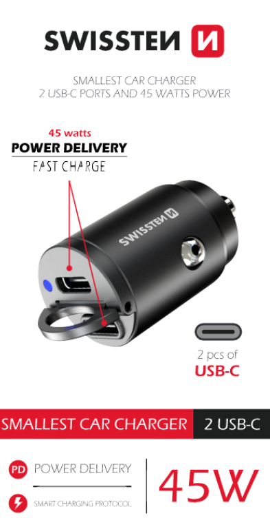 Swissten cl adaptér power delivery 2x usb-c 45w nano černý