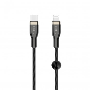 Dlouhý nabíjecí a datový opletený kabel FIXED s konektory USB-C/Lightning a podporou PD, 2m, MFI, černý