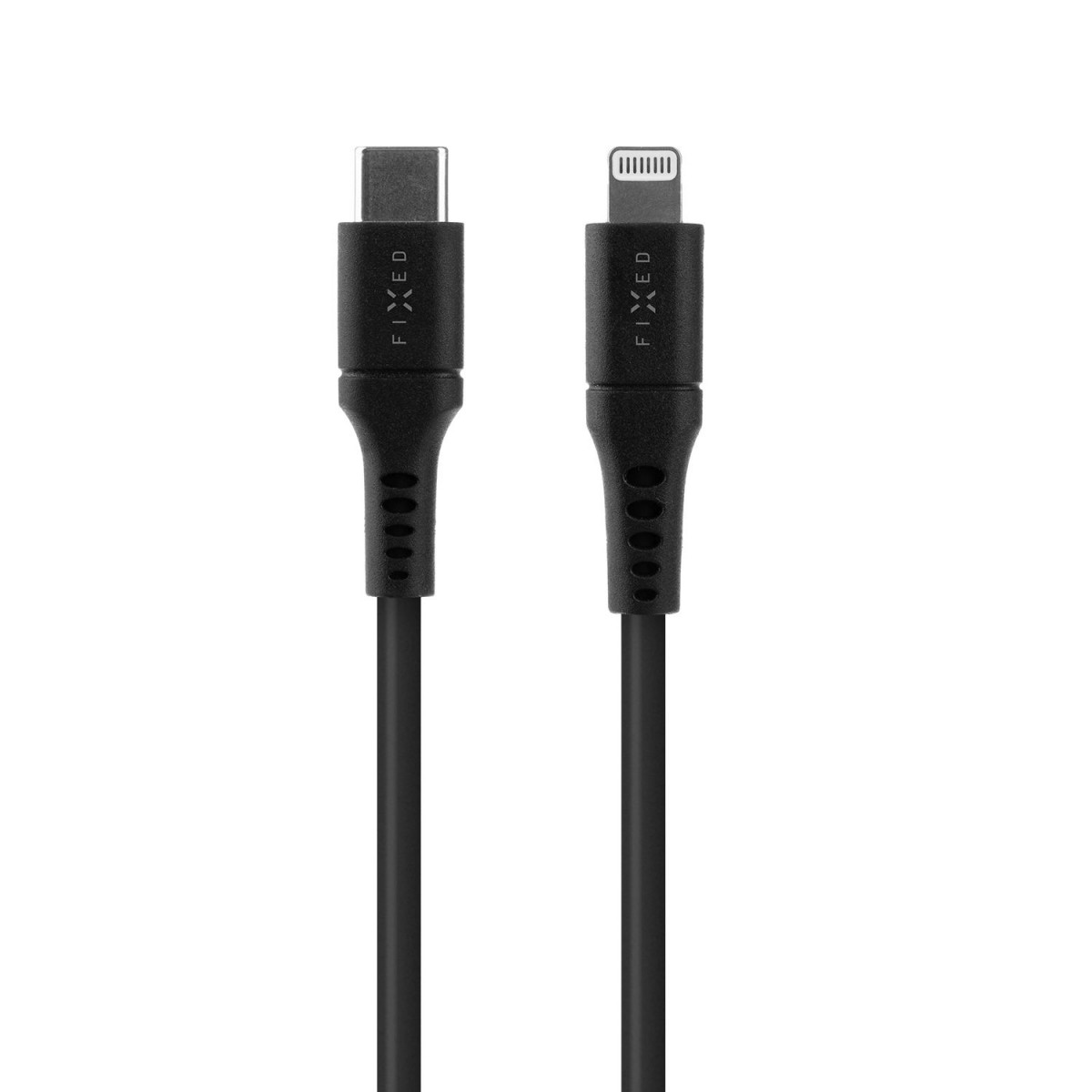 Levně Krátký nabíjecí a datový Liquid silicone kabel FIXED s konektory USB-C/Lightning a podporou PD, 0.5m, MFI, černý