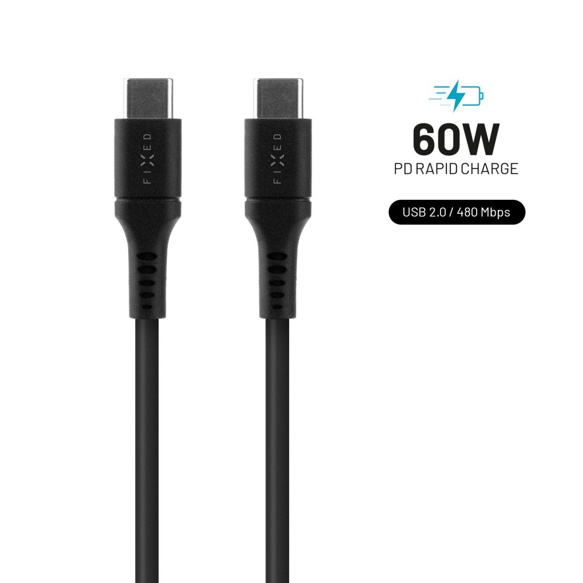 Levně Dlouhý nabíjecí a datový Liquid silicone kabel FIXED s konektory USB-C/USB-C a podporou PD, 2m, USB 2.0, 60W, černý