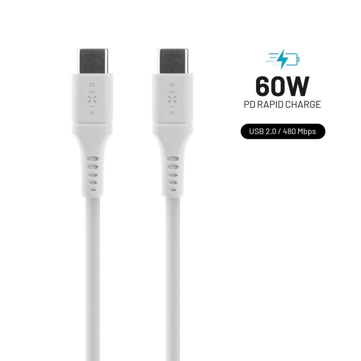 Levně Dlouhý nabíjecí a datový Liquid silicone kabel FIXED s konektory USB-C/USB-C a podporou PD, 2m, USB 2.0, 60W, bílý