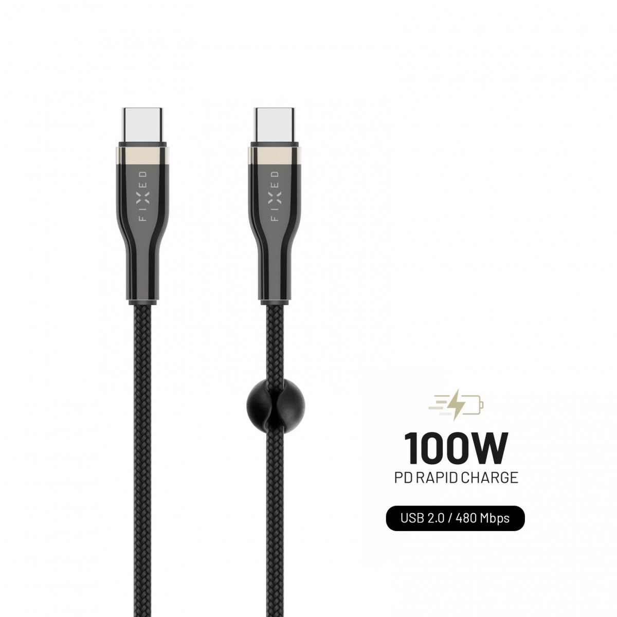 Levně Nabíjecí a datový opletený kabel FIXED s konektory USB-C/USB-C a podporou PD, 1.2m, USB 2.0, 100W, černý