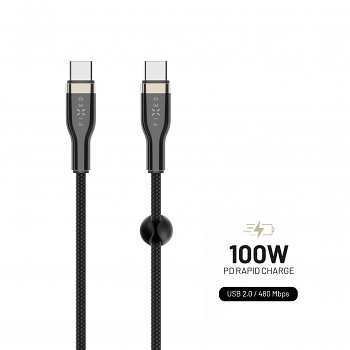 Nabíjecí a datový opletený kabel FIXED s konektory USB-C/USB-C a podporou PD, 1.2m, USB 2.0, 100W, černý