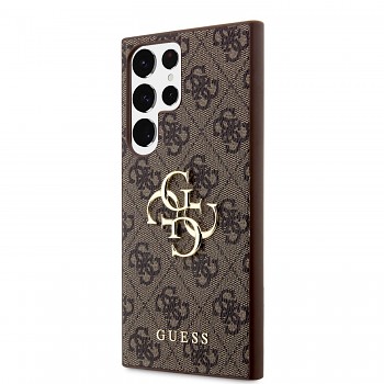 Guess PU 4G Metal Logo Zadní Kryt pro Samsung Galaxy S23 Ultra Brown