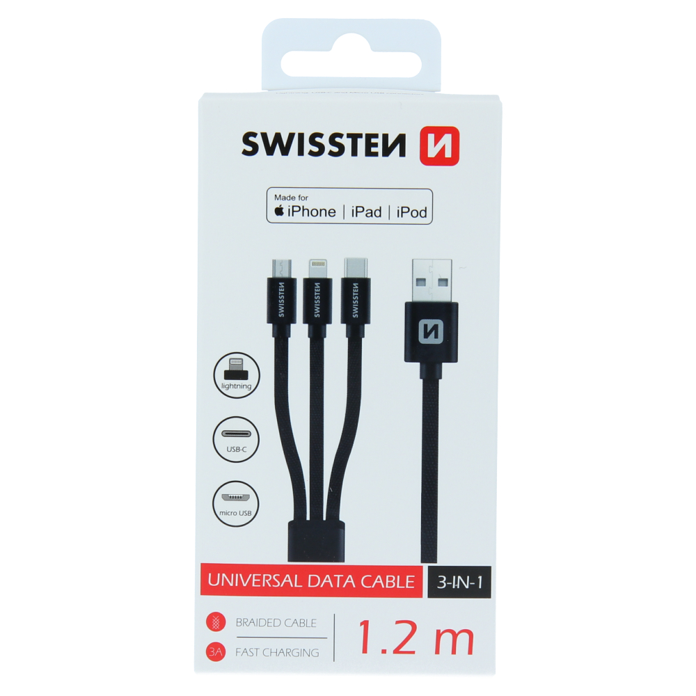 Levně Datový kabel Swissten textile 3v1 1,2 m černý