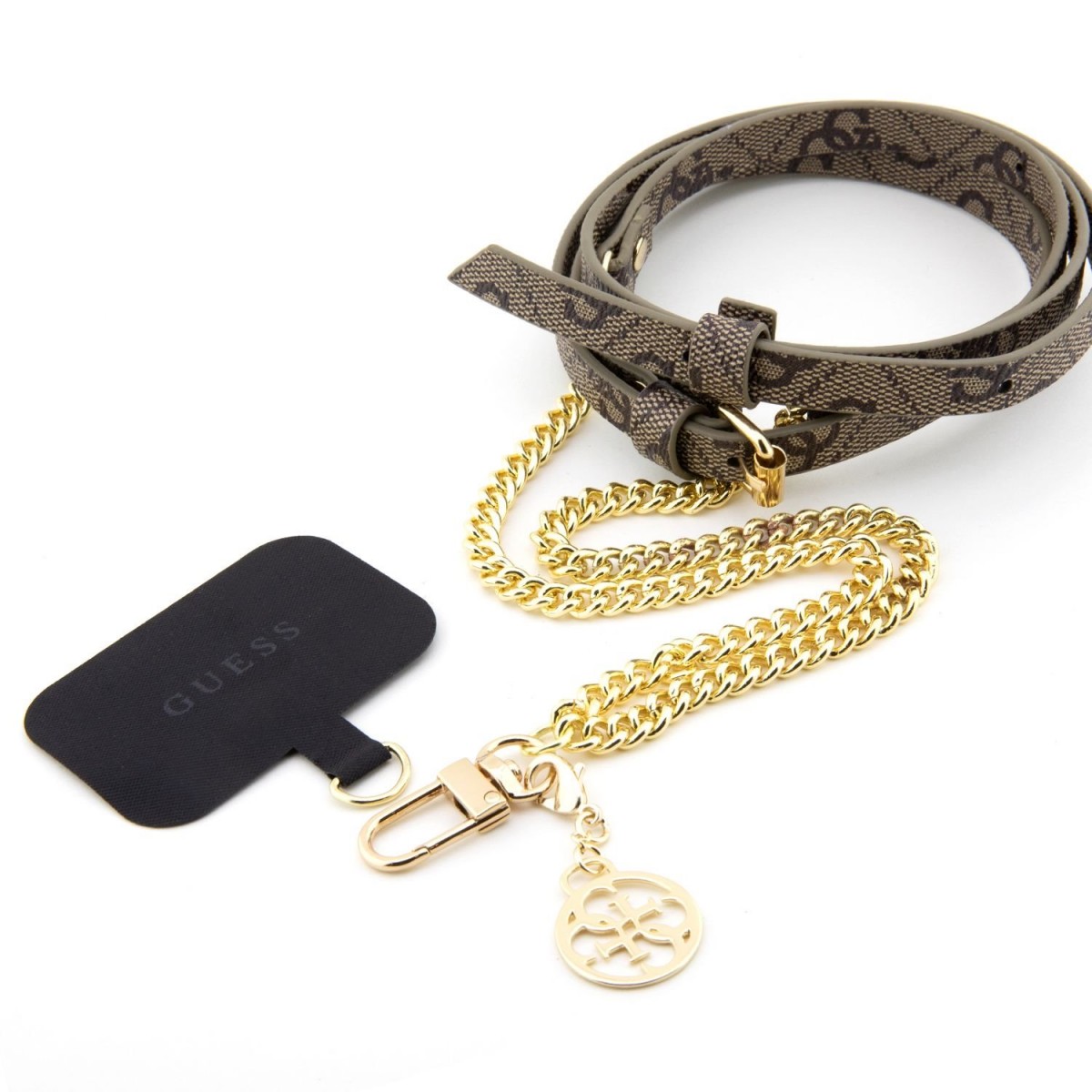 Levně Crossbody Popruh Guess PU 4G Chain with Charm Gold-Brown