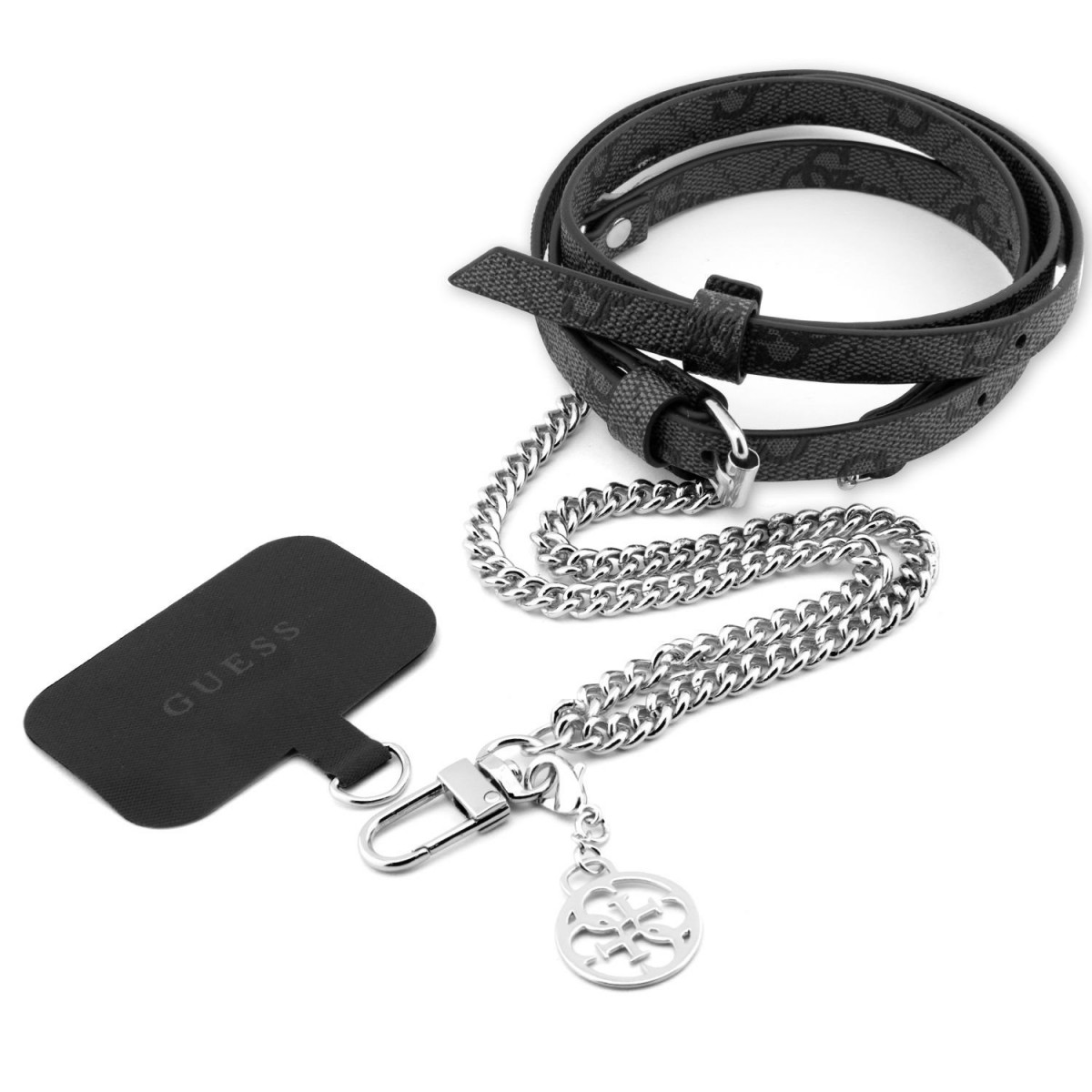 Levně Šňůrka Crossbody Guess PU 4G Chain with Charm Silver-Black