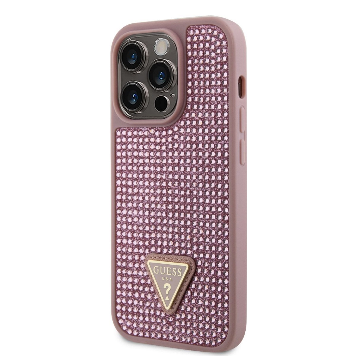 Levně Zadní kryt Guess Rhinestones Triangle Metal Logo na iPhone 14 Pro růžový