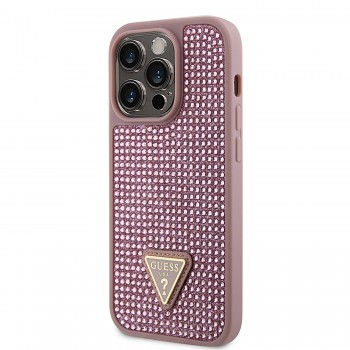 Zadní kryt Guess Rhinestones Triangle Metal Logo na iPhone 14 Pro růžový