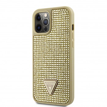 Zadní kryt Guess Rhinestones Triangle Metal Logo na iPhone 12 Pro Max zlatý