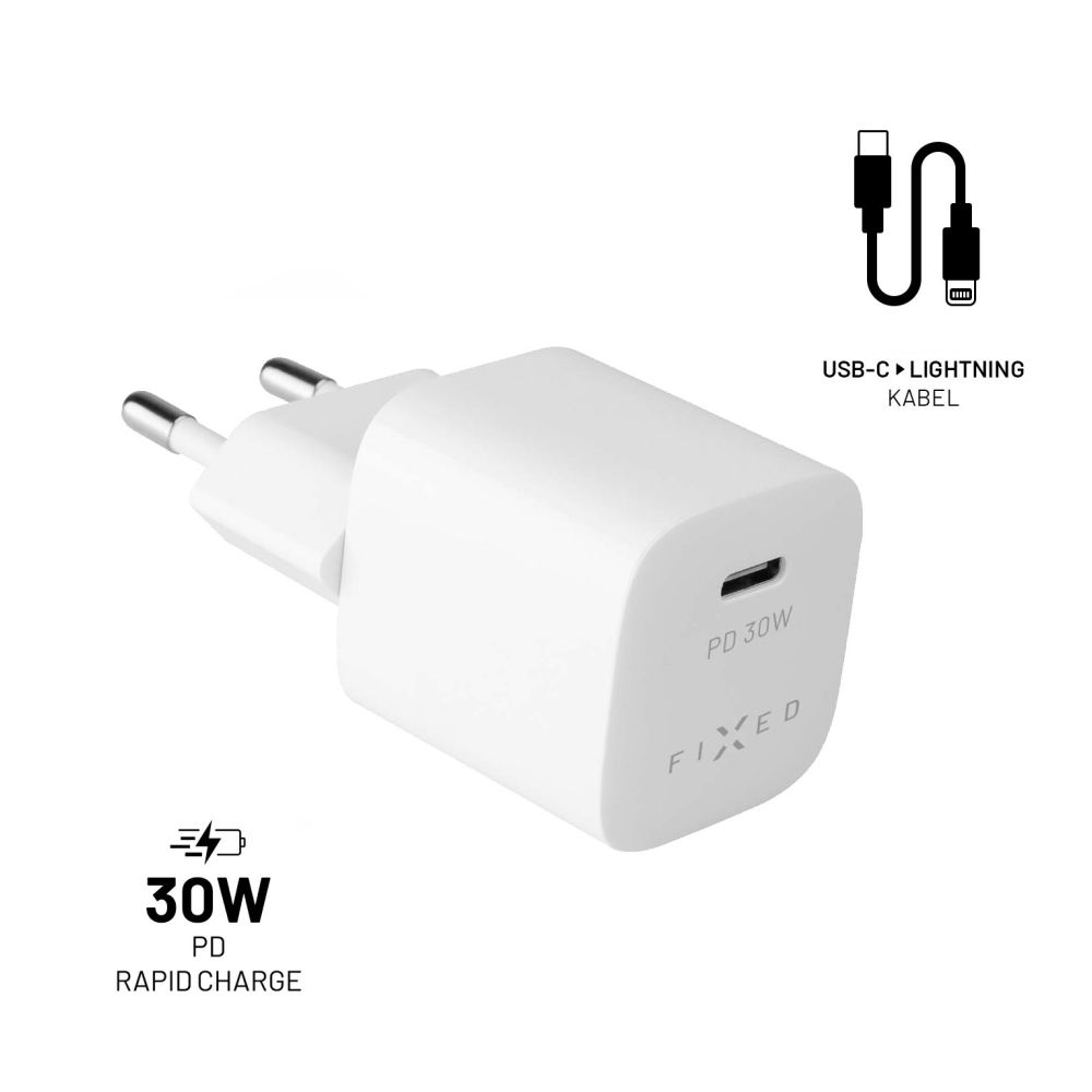 Levně Set síťové nabíječky FIXED Mini s USB-C výstupem a USB-C/Lightning kabelu, podpora PD, 1.2 metr, MFI, 30W, bílý
