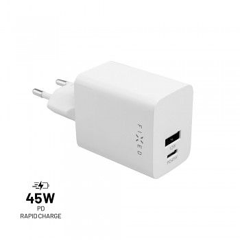 Síťová nabíječka FIXED Mini s USB-C a USB výstupem, podpora PD, 45W, bílá