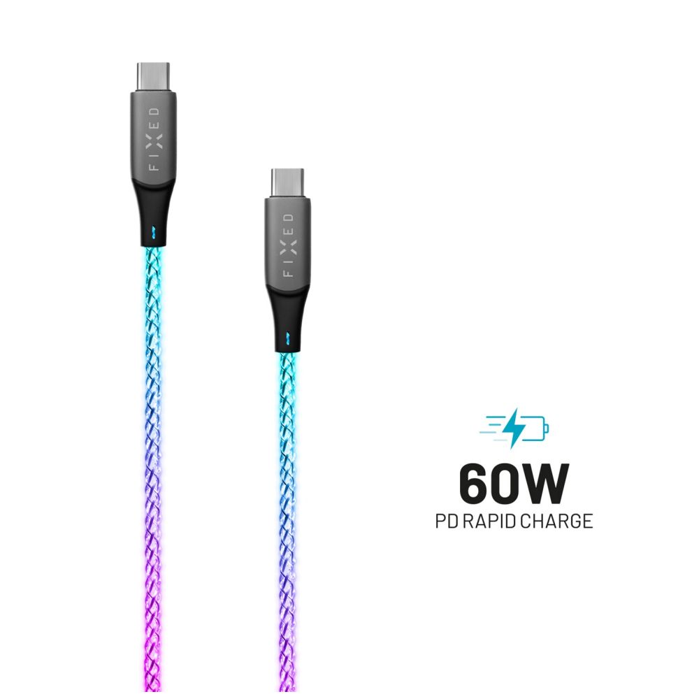 Levně Svítící nabíjecí kabel FIXED s konektory USB-C/USB-C a podporou PD, 1,2 metr, USB 2.0, 60W, duhový