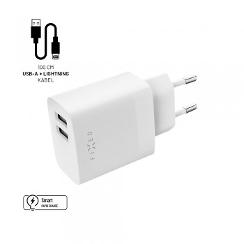 Set síťové nabíječky FIXED s 2xUSB výstupem a USB/Lightning kabelu, 1 metr, MFI, 17W Smart Rapid Charge, bílá