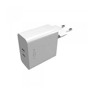 Síťová nabíječka FIXED s 2x USB-C výstupem, podpora PD, 65W, bílá