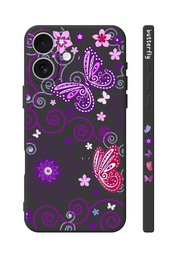 Levně Kryt TopQ Design iPhone 16 Fialoví motýlci černý 130737 (pouzdro neboli obal na mobil iPhone 16)