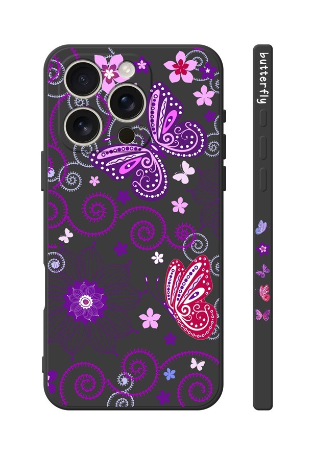 Levně Kryt TopQ Design iPhone 16 Pro Max Fialoví motýlci černý 130799 (pouzdro neboli obal na mobil iPhone 16 Pro Max)