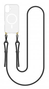 Zadní pevný kryt Strap Mag na iPhone 16 s černou šňůrkou průhledný