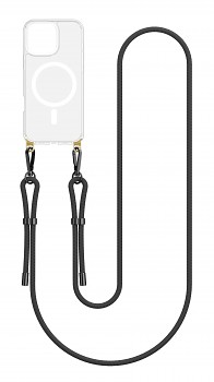 Zadní pevný kryt Strap Mag na iPhone 16 Pro s černou šňůrkou průhledný