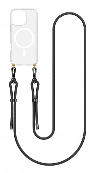 Zadní pevný kryt Strap Mag na iPhone 16 Pro Max s černou šňůrkou průhledný