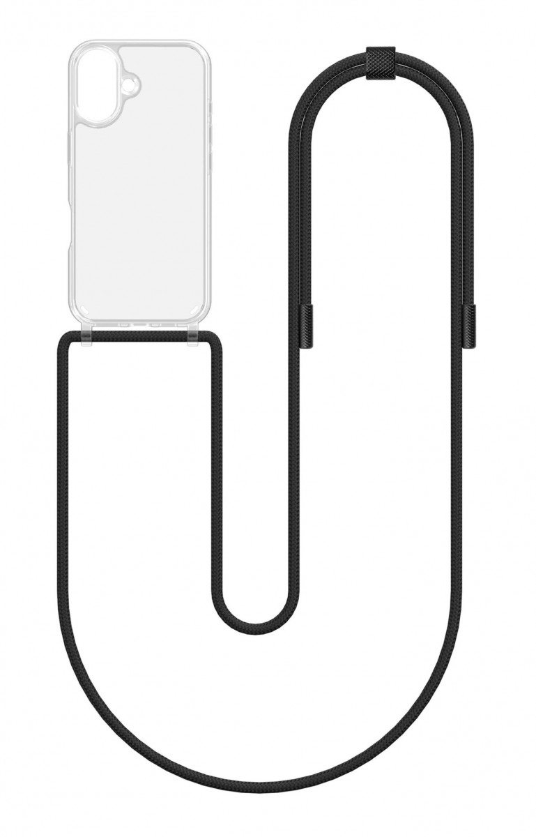 Zadní kryt Simple na iPhone 16 s černou šňůrkou průhledný