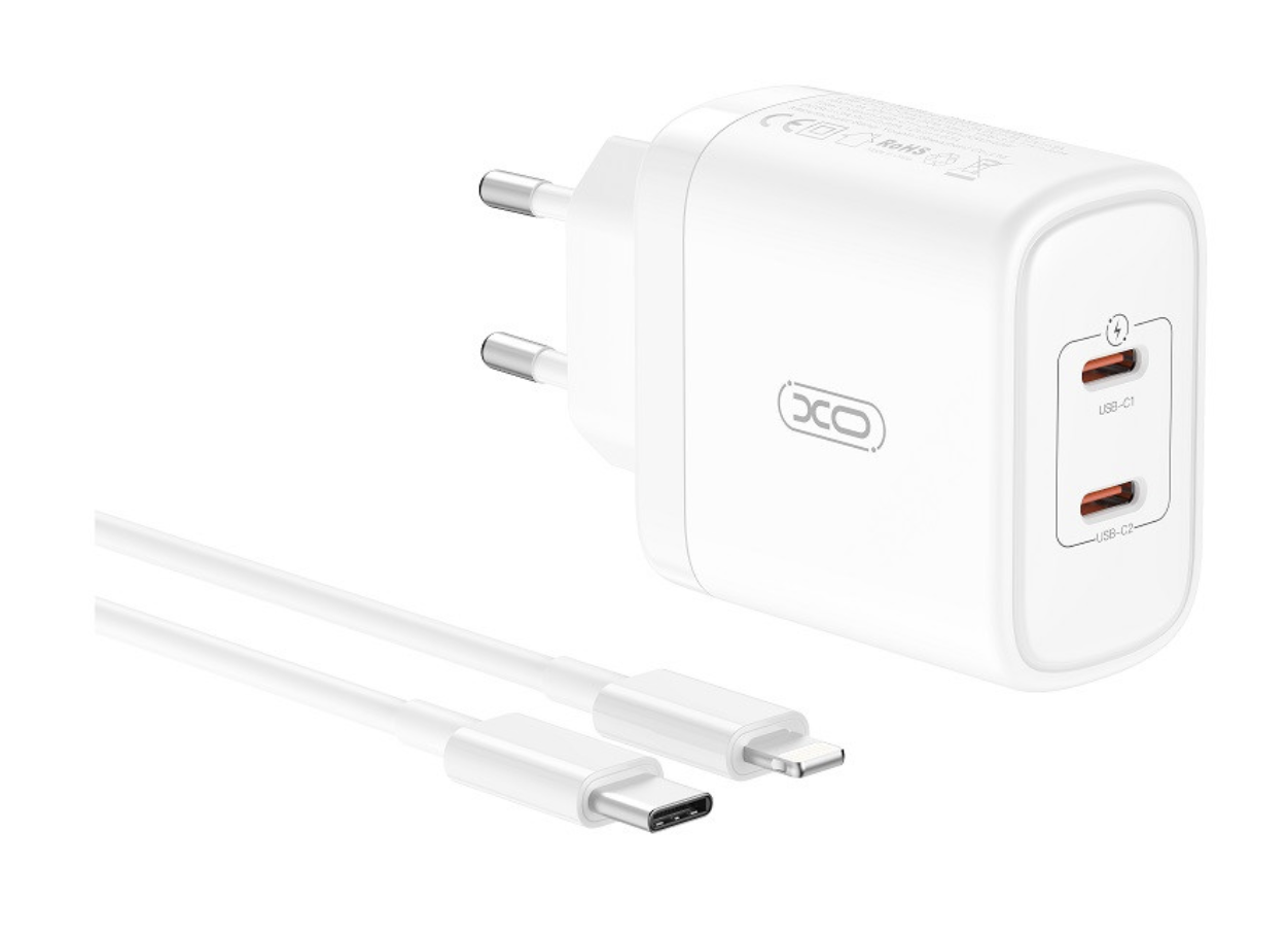 Rychlonabíječka XO CE08 včetně datového kabelu Lightning 50W bílá