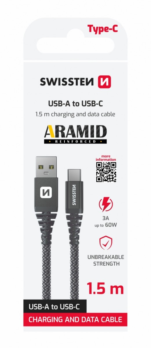 Datový kabel Swissten ARAMID REINFORCED usb / usb-c 1,5 m antracit