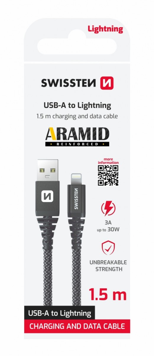Datový kabel Swissten ARAMID REINFORCED usb / lightning 1,5 m antracit