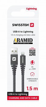 Datový kabel Swissten ARAMID REINFORCED usb / lightning 1,5 m antracit