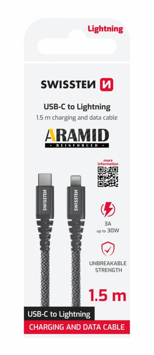 Datový kabel Swissten ARAMID REINFORCED usb-c / lightning 1,5 m antracit