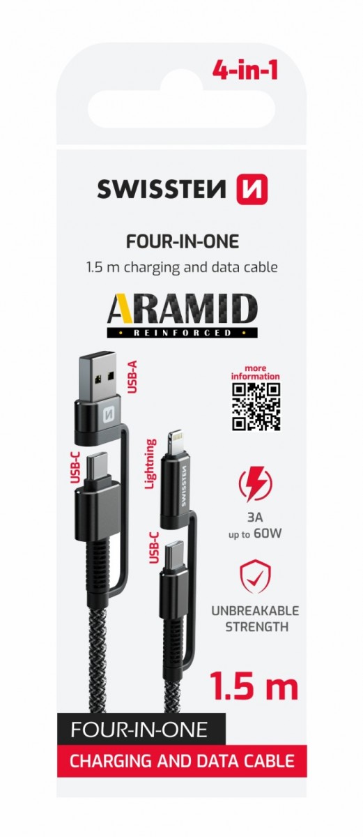 Datový kabel Swissten ARAMID REINFORCED 4in1 3a 1,5 m antracit