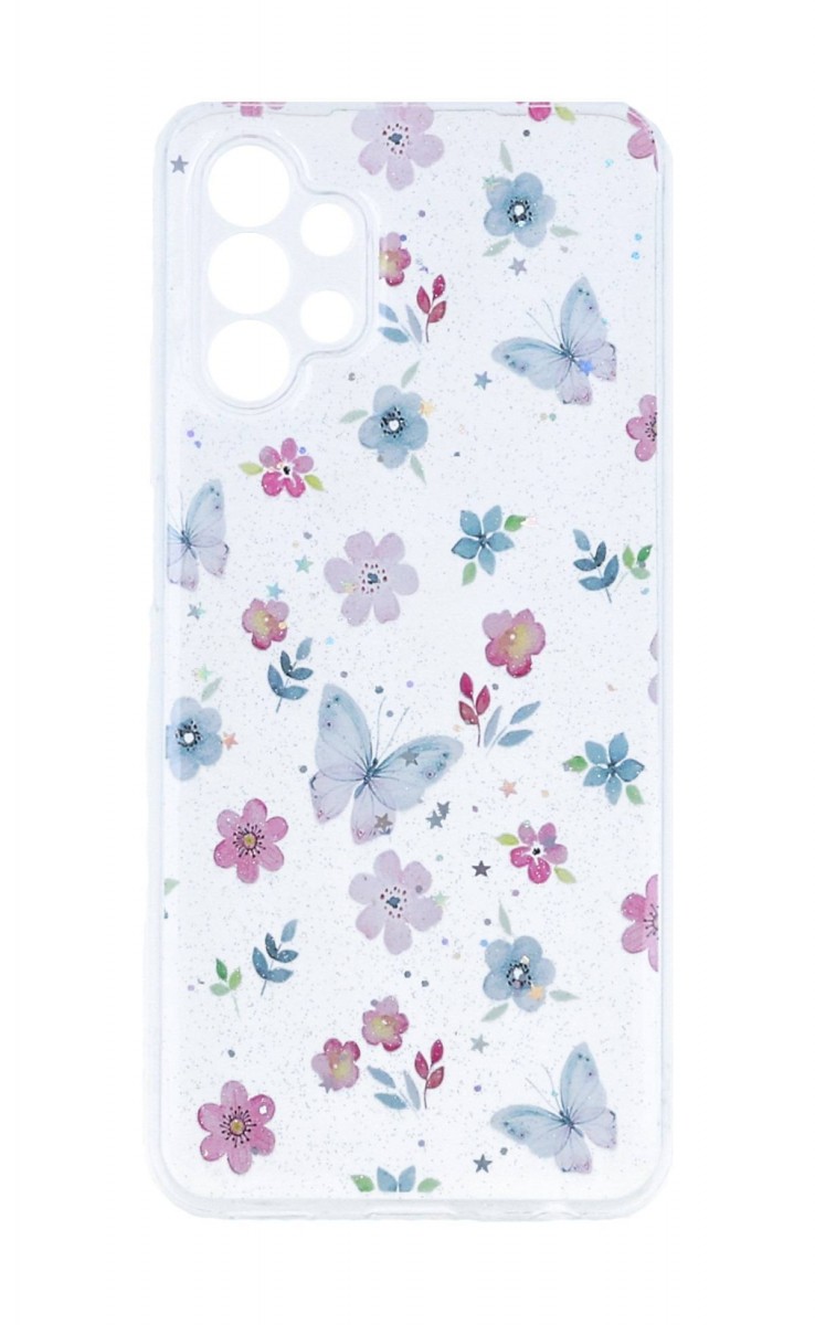 Zadní kryt Glitter na Samsung A13 Květy s motýlky