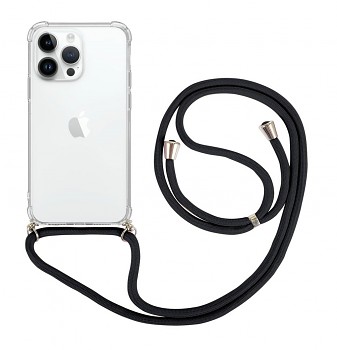 Zadní kryt na iPhone 15 Pro Max s černou šňůrkou průhledný