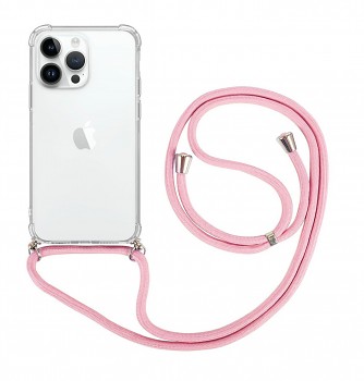 Zadní kryt na iPhone 15 Pro s růžovou šňůrkou průhledný