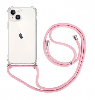 Zadní kryt na iPhone 15 s růžovou šňůrkou průhledný