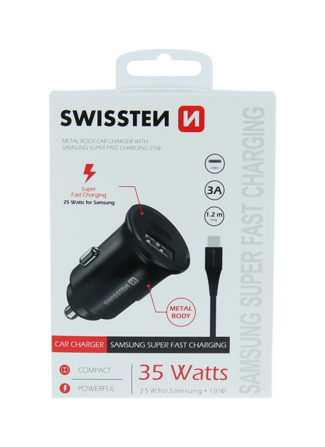 Levně Rychlonabíječka do auta Swissten 35W Dual včetně USB-C datového kabelu černá 75280